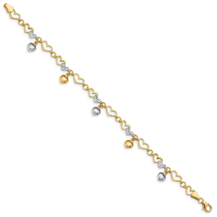 14K Solid Two Tone Yellow White Gold Heart Chain Charm Bracelet