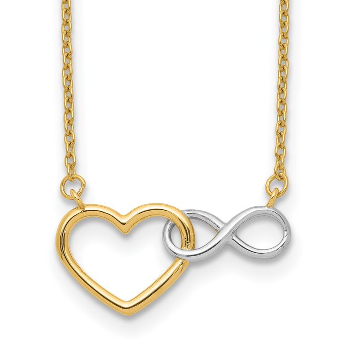 14K Solid Two Tone Yellow White Gold Heart Infinity Twisted Love Knot Symbol Chain Necklace