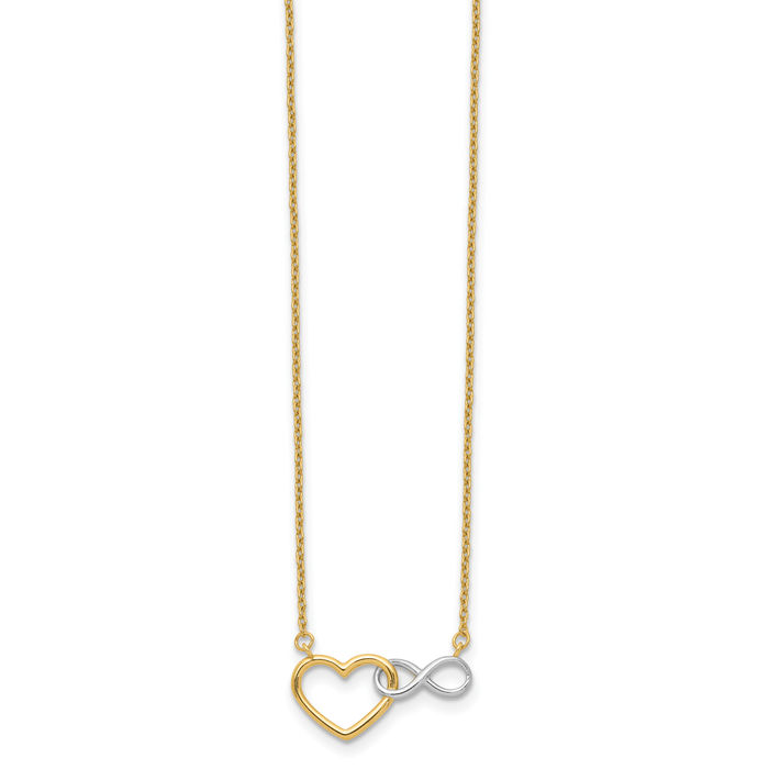 14K Solid Two Tone Yellow White Gold Heart Infinity Twisted Love Knot Symbol Chain Necklace