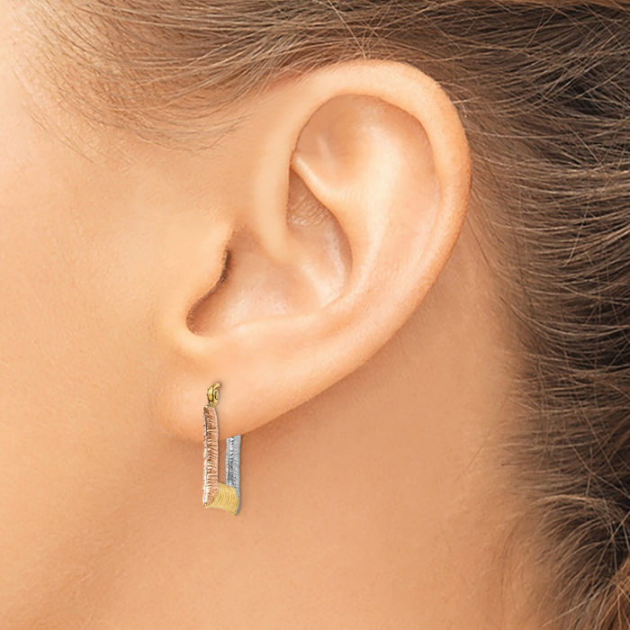 14K Solid Two Tone Yellow White Gold Rose Square Small Hoop Earrings