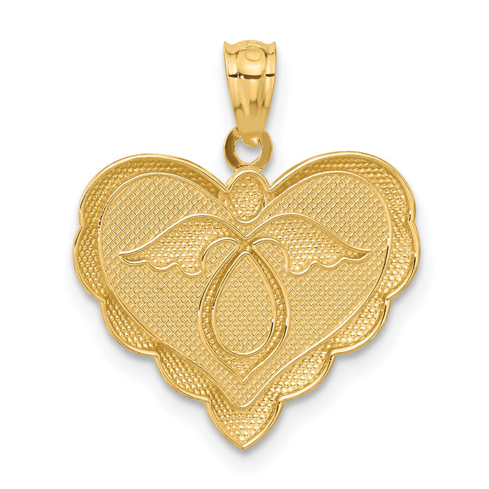 14K Solid Yellow Gold Guardian Angel Wings Heart Necklace Protect Us Cherub Pendant Religious Charm