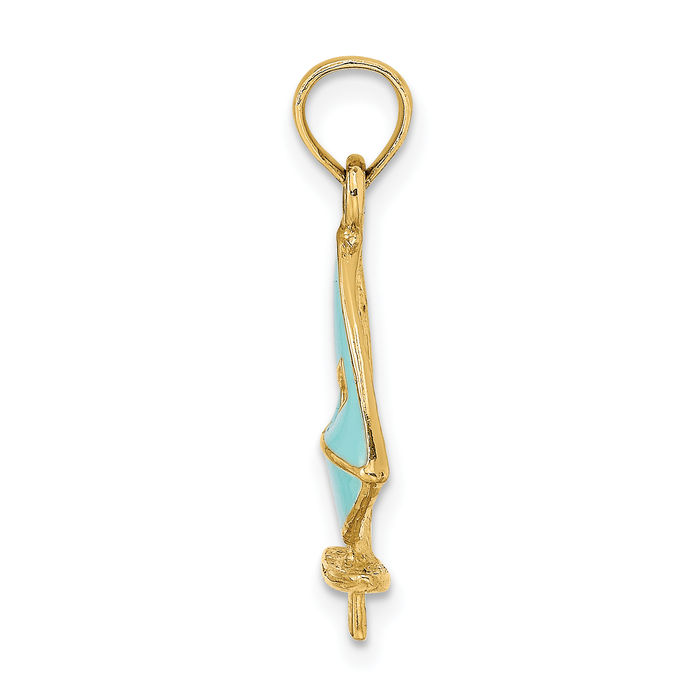 14K Solid Yellow Gold Aqua Windsail Surf Board Necklace Swimming Water Seashore Boating Charm Sports Pendant