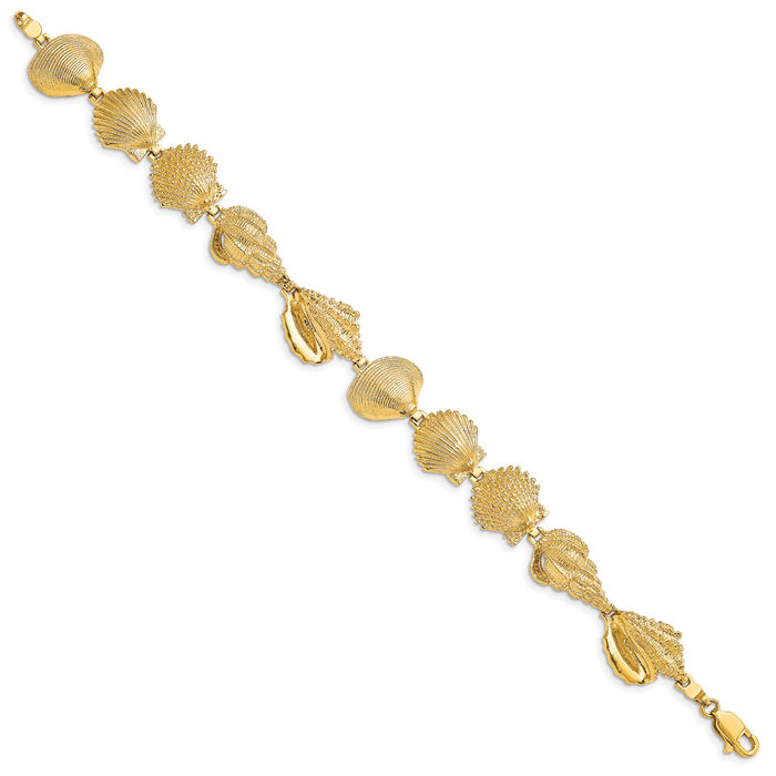14K Solid Yellow Gold Assorted Shell Link Chain Charm Bracelet