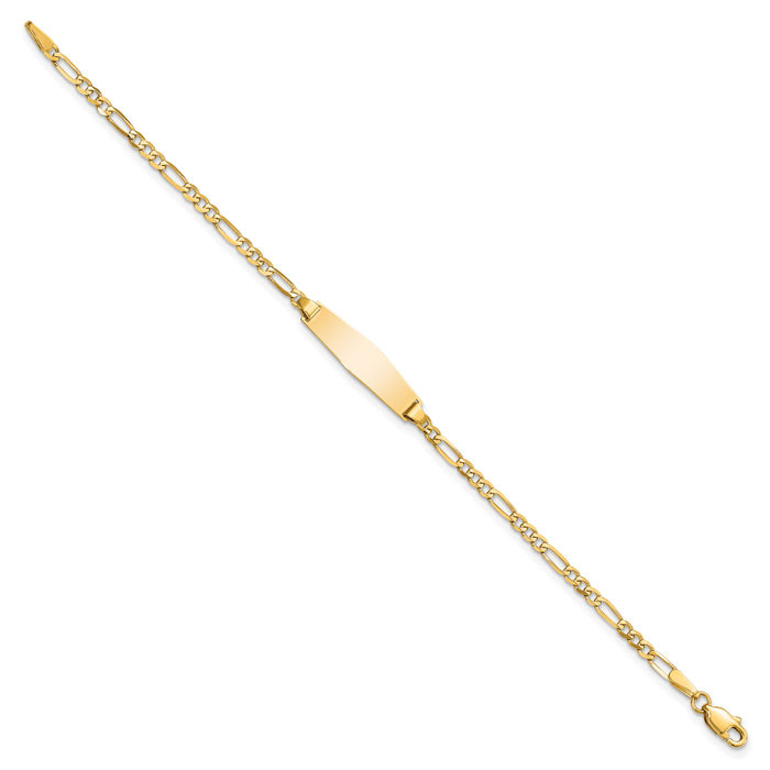 14K Solid Yellow Gold Soft Figaro Link Name Bar Identification ID Bracelet