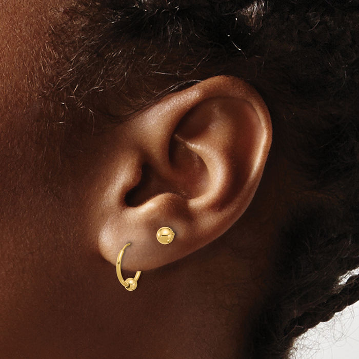 14K Solid Yellow Gold Ball Hoop Stud Earrings Set