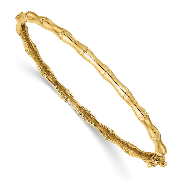 14K Solid Yellow Gold Bamboo Diamond Bangle Bracelet