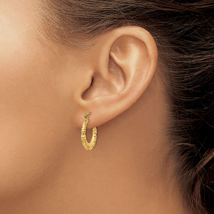 14K Solid Yellow Gold Bamboo Round Medium Hoop Earrings
