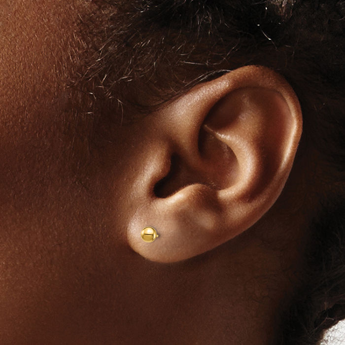 14K Solid Yellow Gold Bar 3mm Ball Stud Line Earrings Set