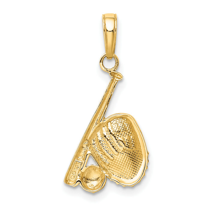 14K Solid Yellow Gold Baseball Bat Glove Necklace Softball Charm Sports Pendant