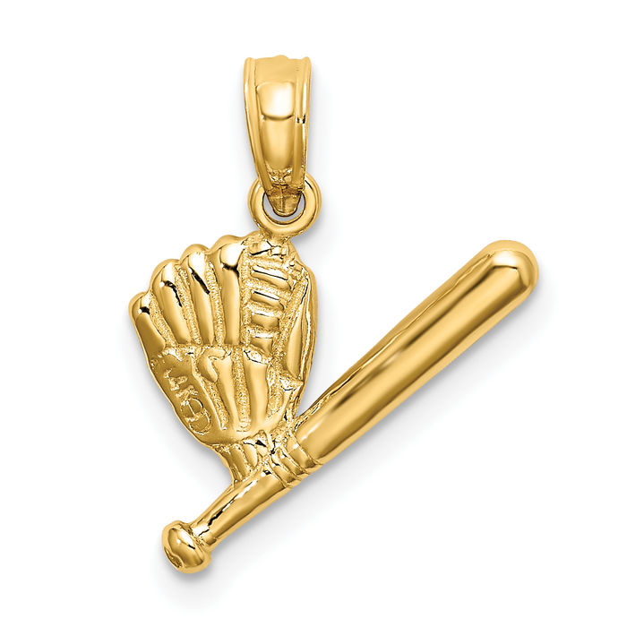 14K Solid Yellow Gold Baseball Bat Glove Necklace Softball Charm Sports Pendant