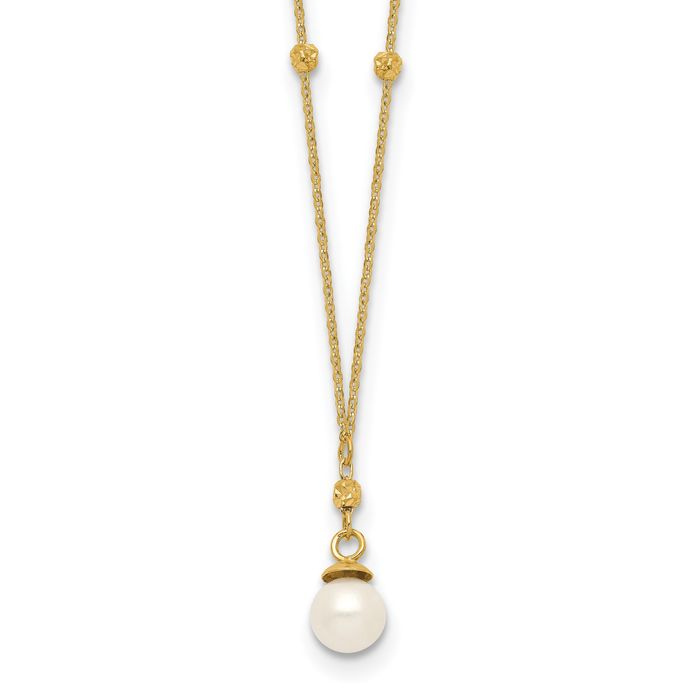 14K Solid Yellow Gold Bead Ball Chain 5mm Freshwater Cultured Pearl Necklace