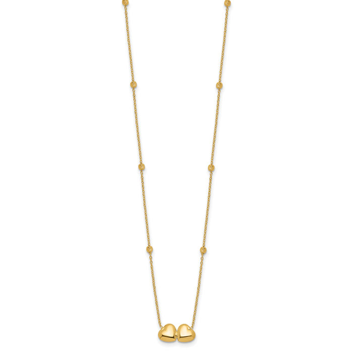 14K Solid Yellow Gold Beaded Double Heart Necklace Love Pendant Friendship Charm Chain