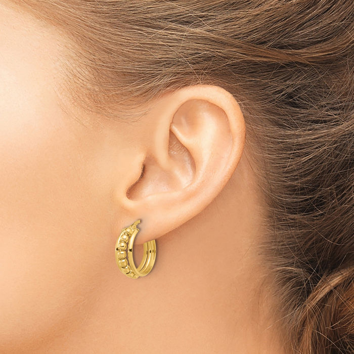 14K Solid Yellow Gold Beaded Round Medium Hoop Earrings