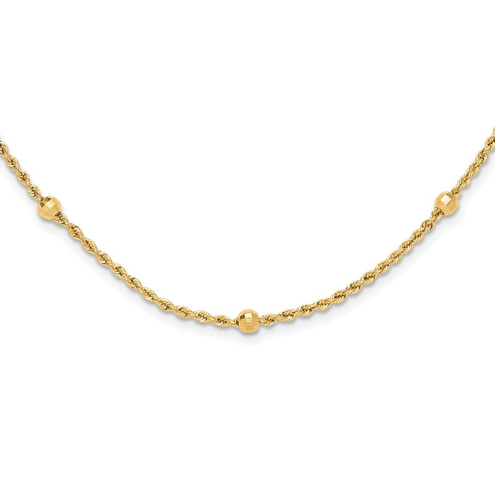 14K Solid Yellow Gold Beaded Ball Rope Chain Twisted Link Necklace