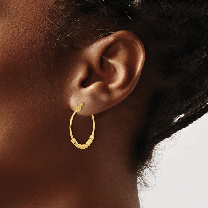 14K Solid Yellow Gold Beads Round Medium Hoop Earrings