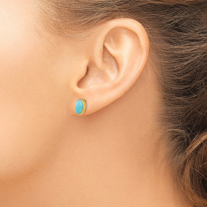 14K Solid Yellow Gold Oval Blue Turquoise Stud Earrings