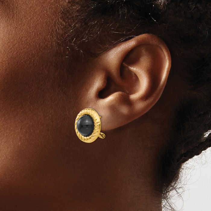 14K Solid Yellow Gold Black Onyx Stud Earrings