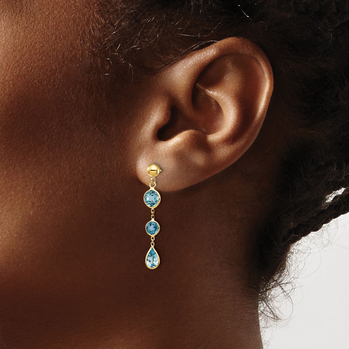 14K Solid Yellow Gold Swiss Blue Topaz Gemstone Drop Dangle Earrings Pear Teardrop December Birthstone Jewelry