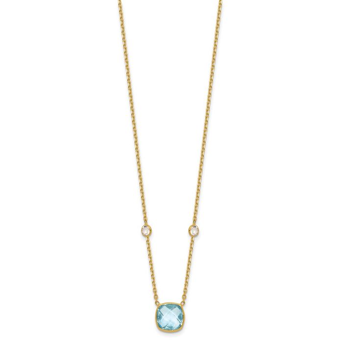 14K Solid Yellow Gold Blue White Topaz Necklace Chain Gemstone Pendant Charm