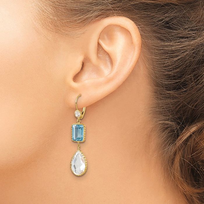 14K Solid Yellow Gold Blue White Topaz Rhinestone Crystals Drop Dangle Earrings Gemstone