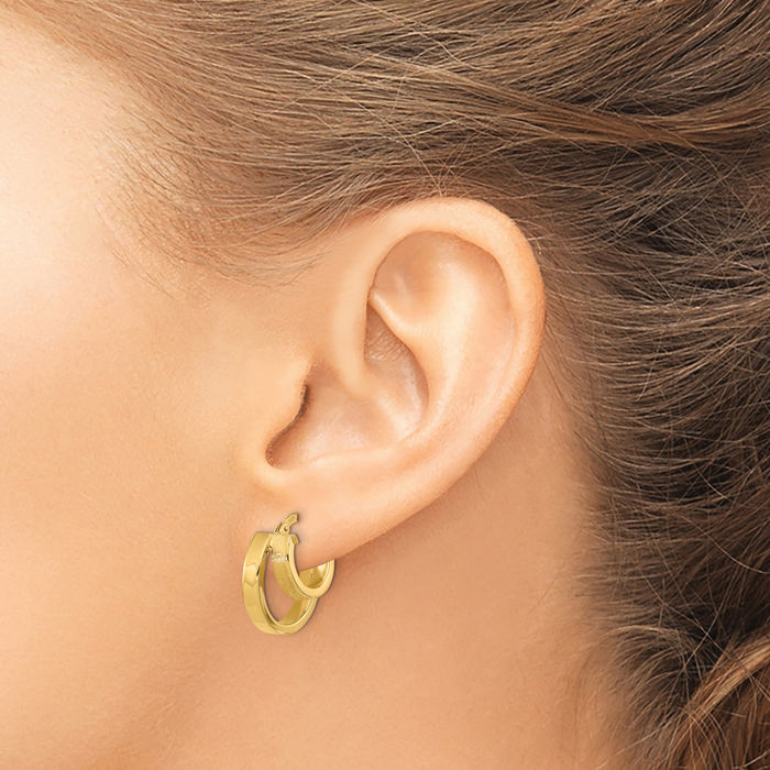 14K Solid Yellow Gold Square Tube Double Round Small Hoop Earrings