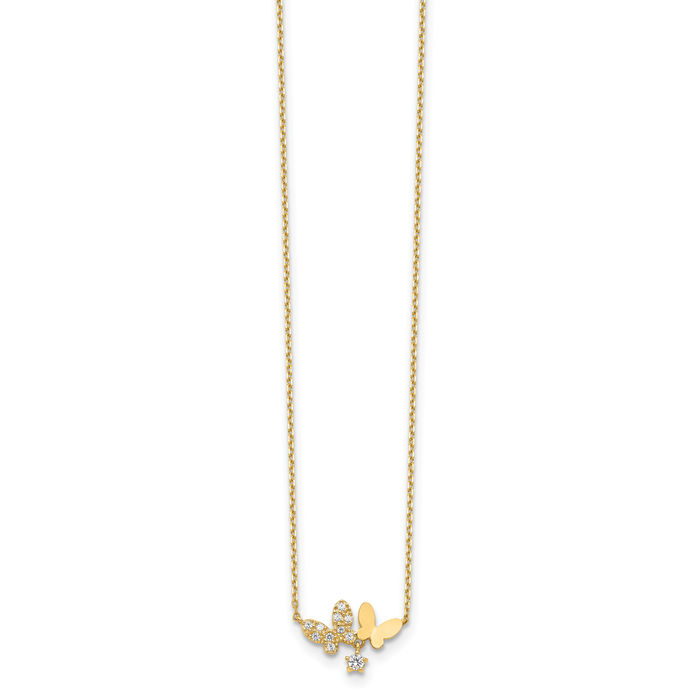 14K Solid Yellow Gold Butterflies Cubic Zirconia CZ Necklace Chain