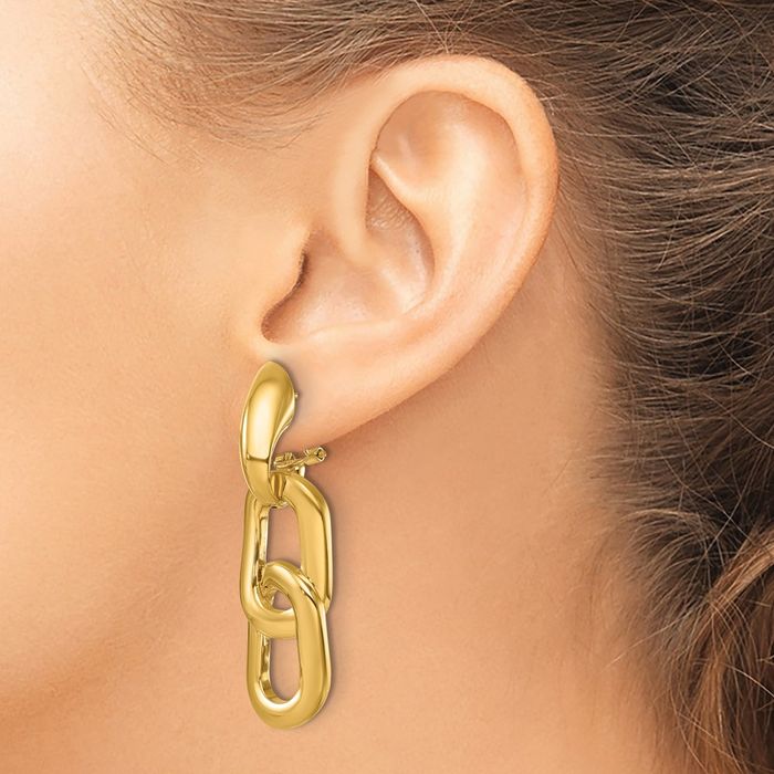 14K Solid Yellow Gold Cable Paperclip Chain Link Post Omega Clip Back Drop Dangle Earrings