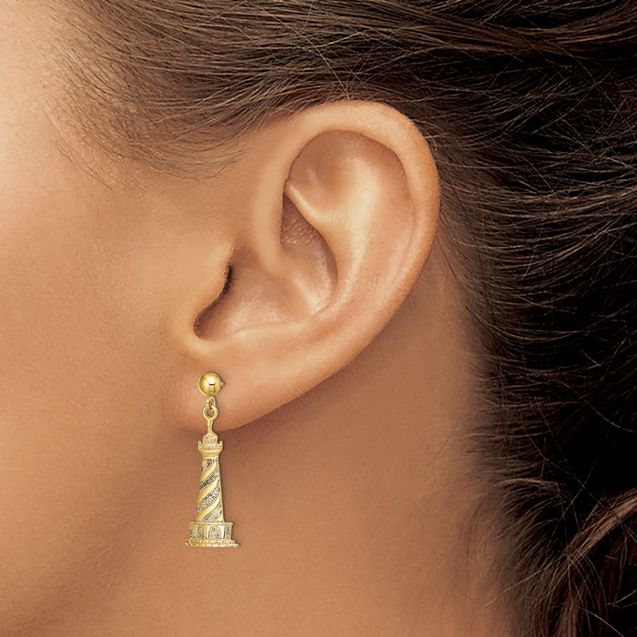 14K Solid Yellow Gold Cape Hatteras Lighthouse Drop Dangle Earrings