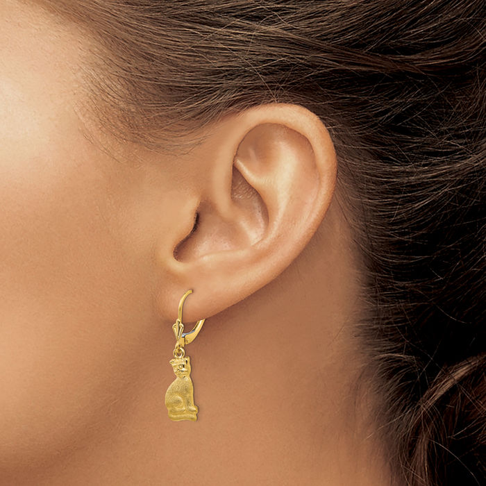 14K Solid Yellow Gold Cat Drop Dangle Earrings
