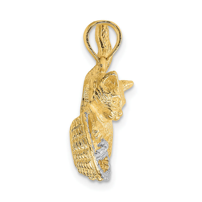 14K Solid Yellow Gold Cat Yarn Basket Necklace Chain Pendant Charm