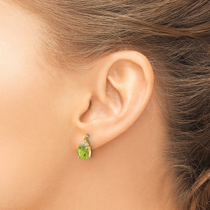 14K Solid Yellow Gold Green Peridot Diamond Drop Dangle Earrings August Birthstone Jewelry