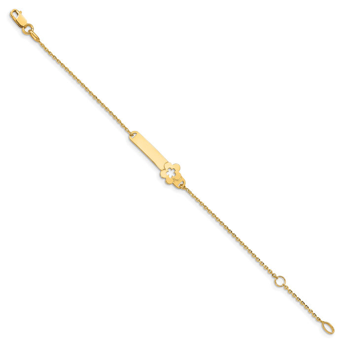 14K Solid Yellow Gold Flower Name Bar Identification ID Bracelet