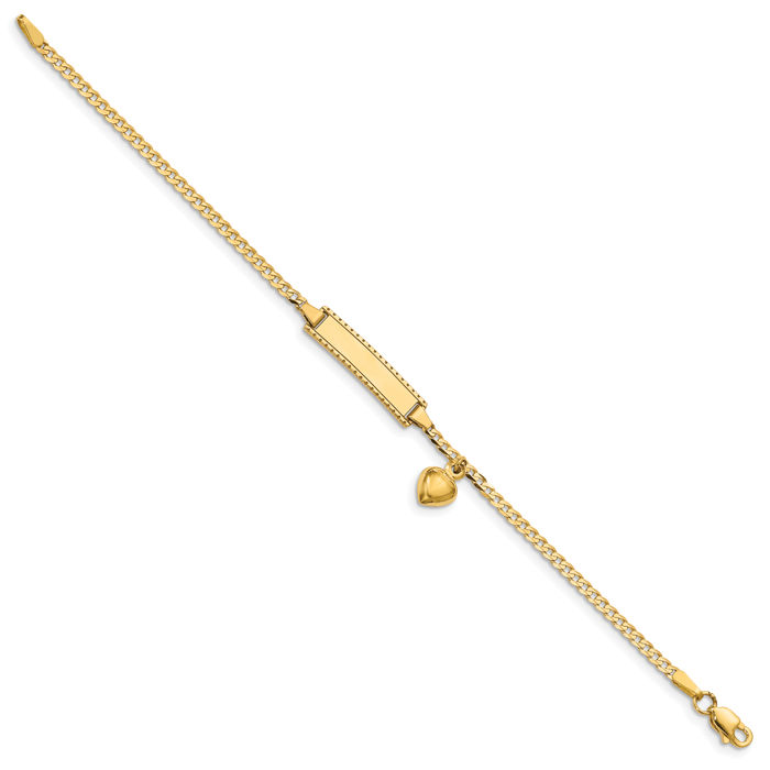 14K Solid Yellow Gold Heart Dangling Curb Link Name Bar Identification ID Bracelet