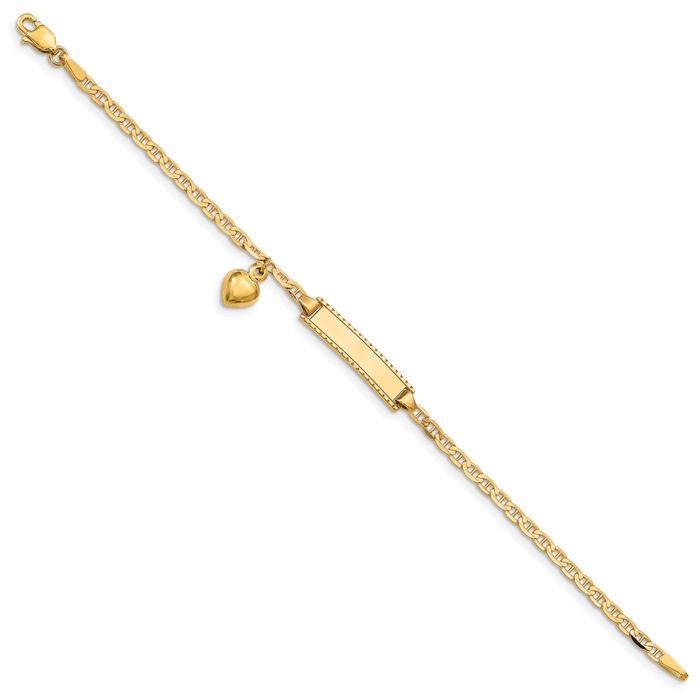 14K Solid Yellow Gold Heart Dangling Anchor Mariner Link Name Bar Identification ID Bracelet