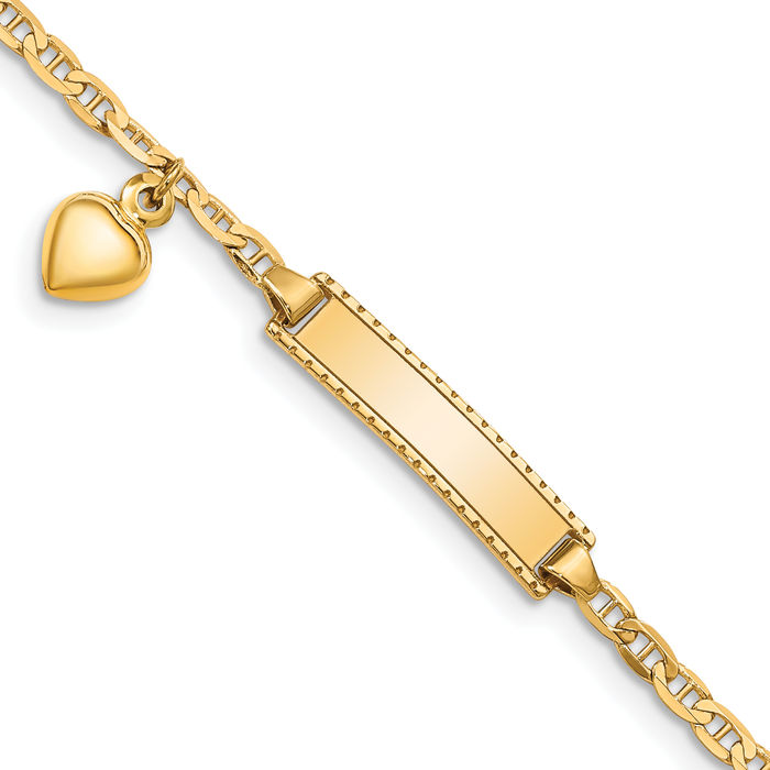 14K Solid Yellow Gold Heart Dangling Anchor Mariner Link Name Bar Identification ID Bracelet
