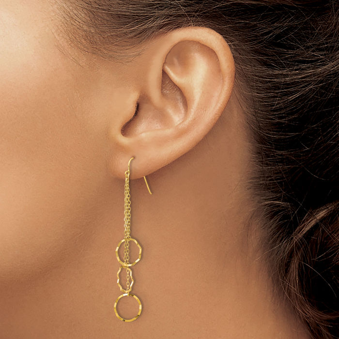 14K Solid Yellow Gold Circle Round Drop Dangle Earrings