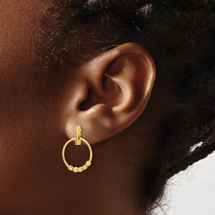 14K Solid Yellow Gold Circle Round Drop Dangle Earrings