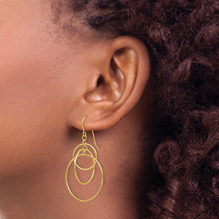 14K Solid Yellow Gold Circle Round Drop Dangle Earrings