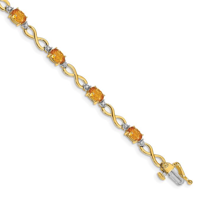 14K Solid Yellow Gold Citrine Diamond Infinity Love Knot Charm Bracelet - Picture 7 of 12