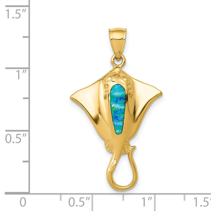 14K Solid Yellow Gold Lab Blue Opal Necklace Chain Pendant Charm