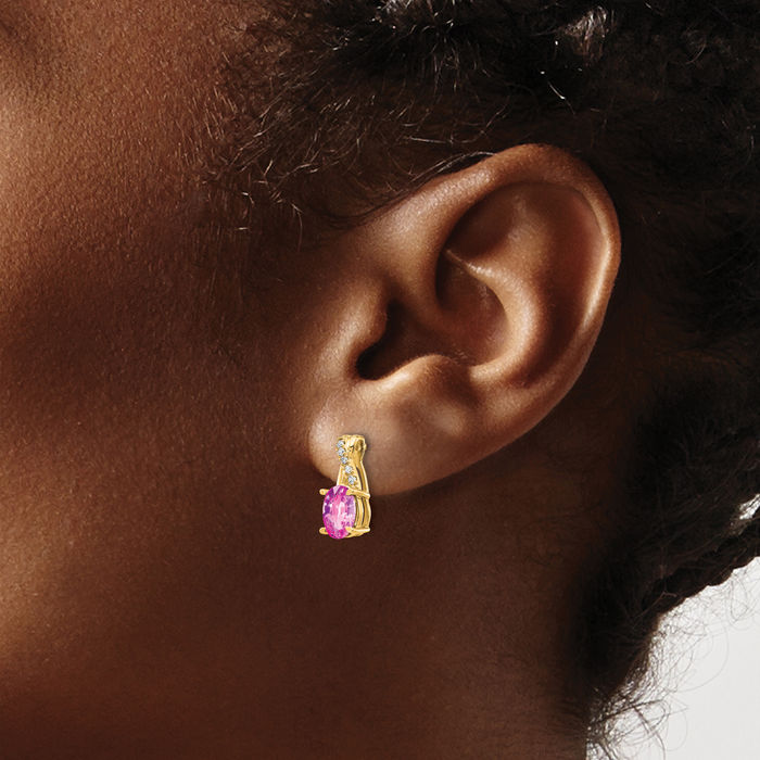 14K Solid Yellow Gold Lab Pink Sapphire Diamond Drop Dangle Earrings Gemstone Post Push Back October Birthstone Jewelry