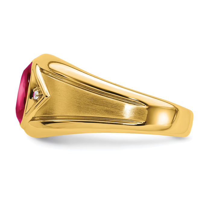14K Solid Yellow Gold Lab Red Ruby Diamond Mens Ring