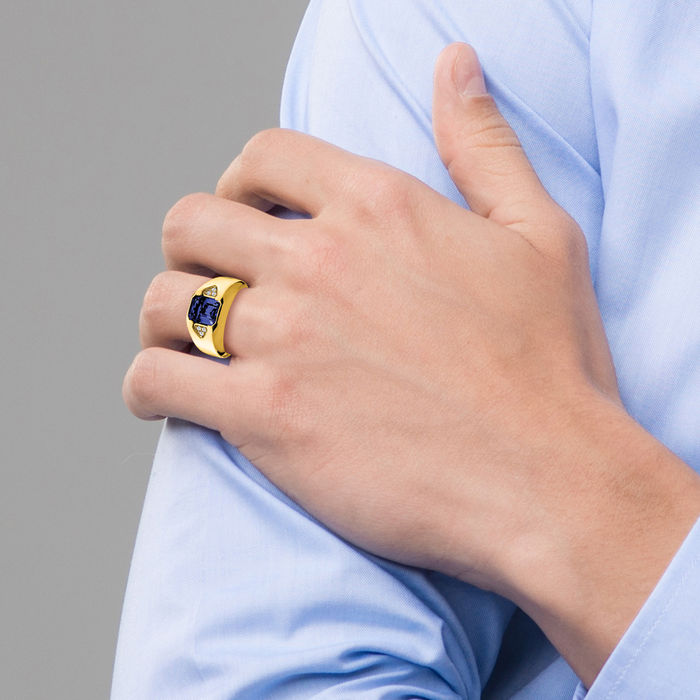 14K Solid Yellow Gold Emerald-Cut Lab Sapphire Diamond Mens Ring