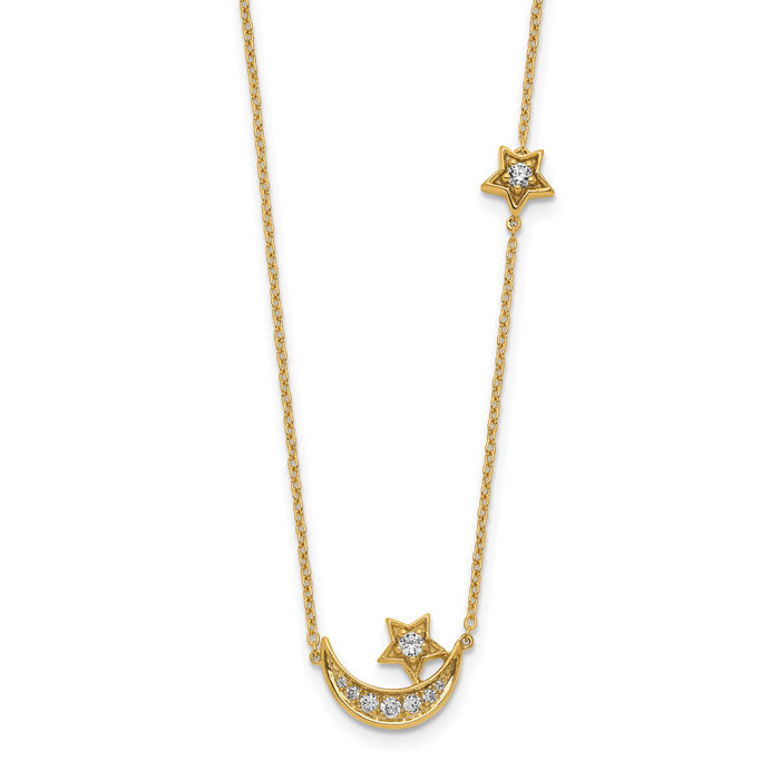 14K Solid Yellow Gold Crescent Moon Star Diamond Necklace Chain Celestial Jewelry