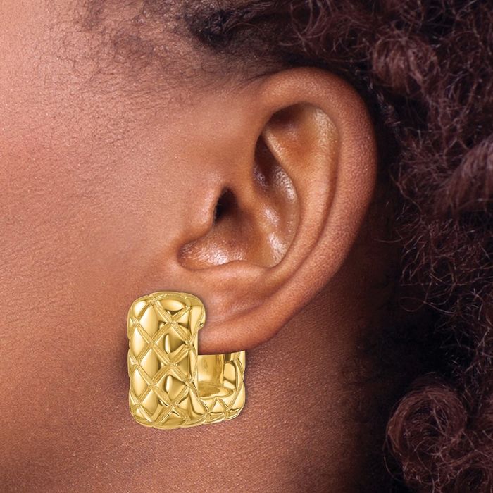 14K Solid Yellow Gold Crisscross Square Medium Hoop Earrings