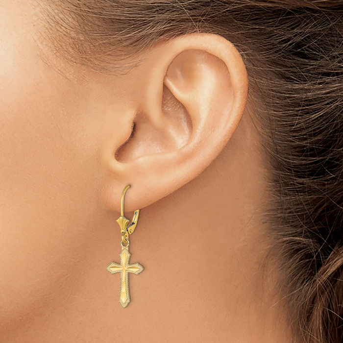 14K Solid Yellow Gold Holy Cross Beaded Edge Christian Religious Drop Dangle Earrings