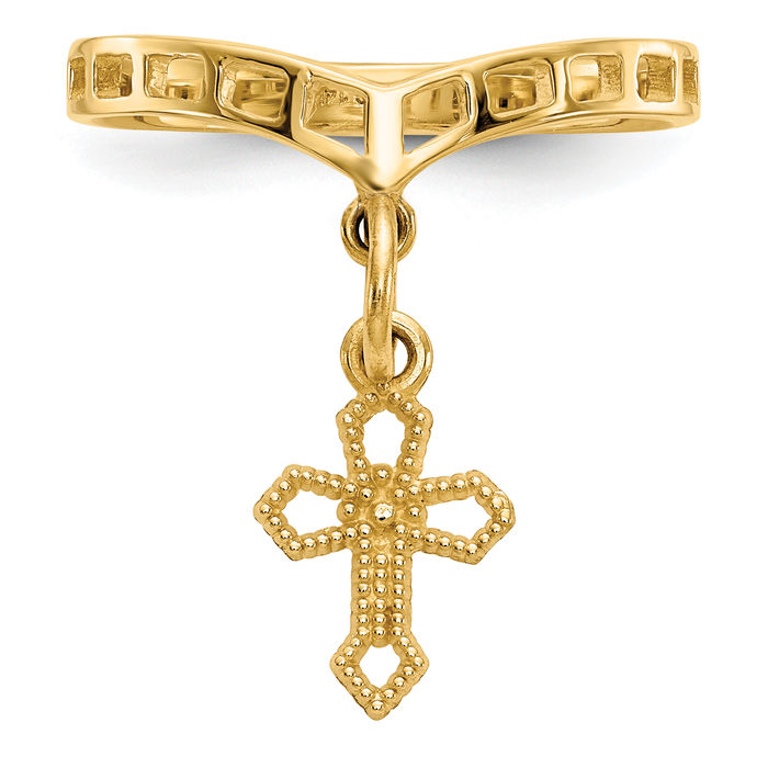 14K Solid Yellow Gold Holy Cross Dangling Charm Ring Christian Religious Band