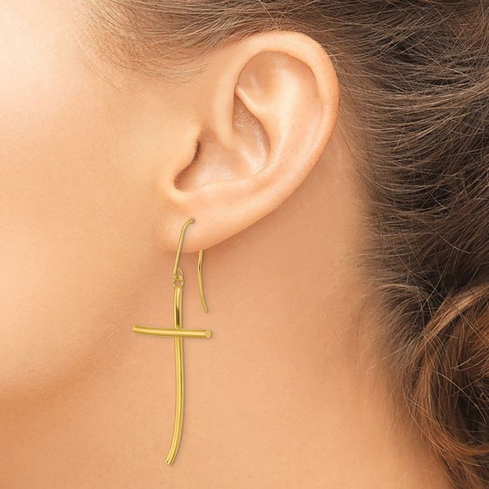 14K Solid Yellow Gold Hanging Holy Cross Christian Religious Drop Dangle Earrings