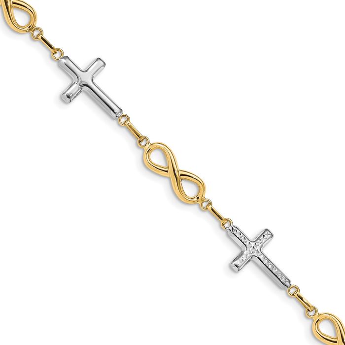 14K Solid Yellow Gold Holy Cross Infinity Twisted Love Knot Symbol Link Chain Charm Bracelet