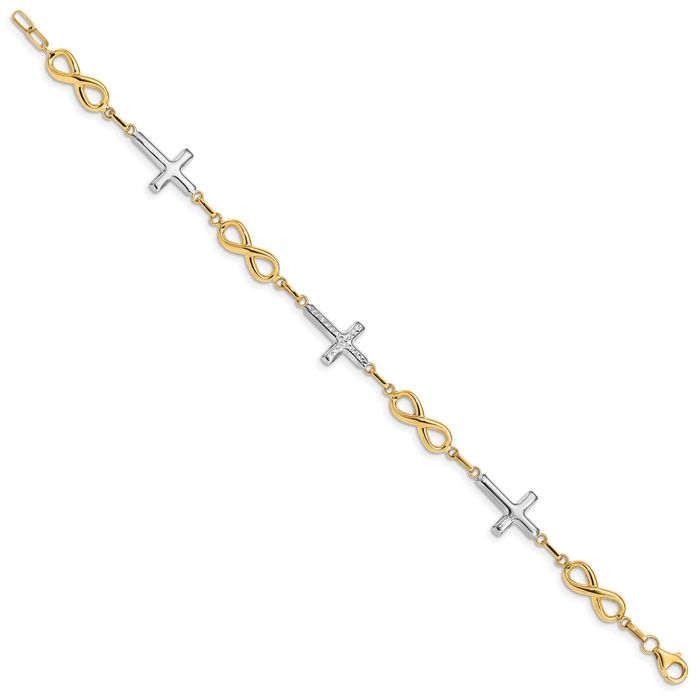 14K Solid Yellow Gold Holy Cross Infinity Twisted Love Knot Symbol Link Chain Charm Bracelet